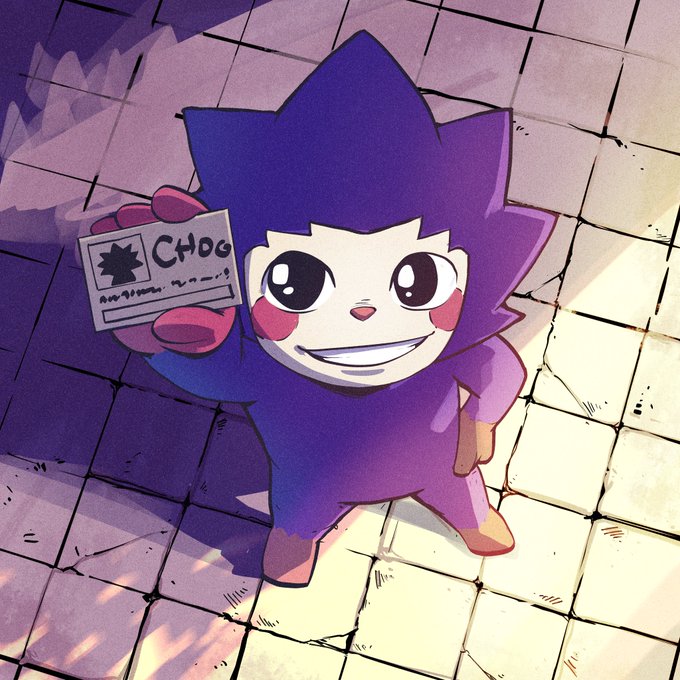 The image features a smiling purple spiky-haired mascot character holding up a card that reads "CHOG," standing on a tiled floor with sunlight casting warm shadows. The illustration matches the post's announcement of a "CHOG" community holders call, with the cute character serving as the project's cheerful mascot welcoming members to the check-in.