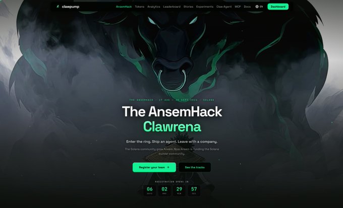 A website landing page for 'clawpump' promoting 'The AnsemHack Clawrena,' a Solana community grow-token event with registration open and a countdown showing 06 days, 02 hours, 29 minutes, 57 seconds remaining.