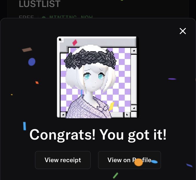 A pop-up notification reads "Congrats! You got it!" showing a pixel art character with white hair, a beaded headband, and a purple checkered background, celebrating a successful mint on the LUSTLIST platform. The "MINTS" tab is visible at the top, confirming the post's claim about the free mint achievement.