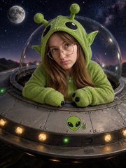 A young woman wearing a green alien-themed hooded onesie, posing inside what appears to be a UFO or spaceship prop with a starry space background and an alien emblem.