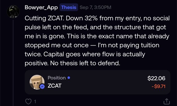A Discord post by user "Bowyer_App" in the "Thesis" channel on September 7th announces cutting their ZCAT position, which is down 32% (showing a current value of $22.06 and a loss of -$9.71). The screenshot of the position card visually confirms the trade ticket and loss amount referenced in their commentary about abandoning the thesis after the setup failed twice.