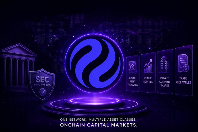 Dark-themed promotional graphic with a glowing purple sphere and 'SEC Registered' shield, advertising 'ONCHAIN CAPITAL MARKETS' with asset classes including Digital Asset Treasuries, Public Equities, Private Company Shares, and Trade Receivables.