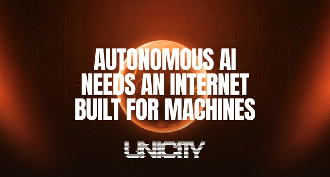 The image features an advertisement for Unicity Labs that focuses on the importance of horizontal scaling when building internet-based machines, such as blockchain networks or smart contracts. The text "Autonomous AI needs an internet built for machines" suggests a connection between artificial intelligence (AI) and the internet, emphasizing how these technologies can work together to create more efficient systems.