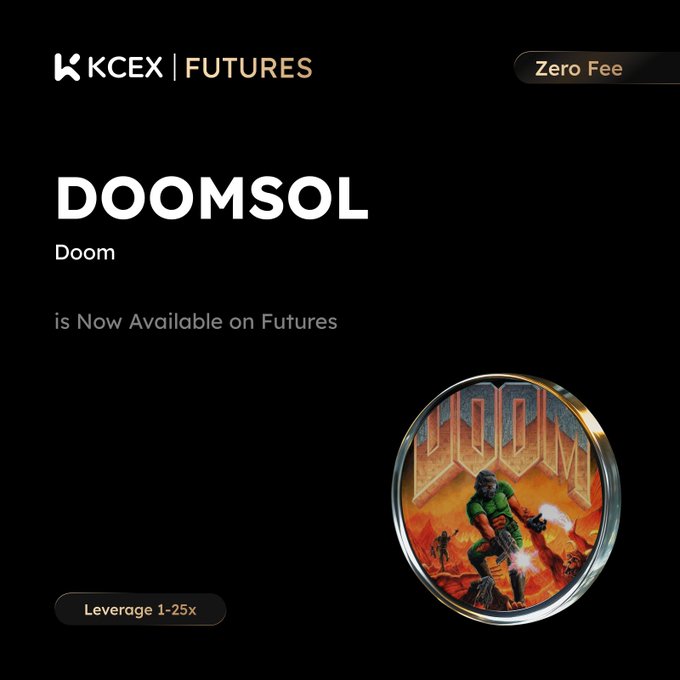 A promotional graphic for 'KCEX | FUTURES' announcing that 'DOOMSOL' (Doom) is now available on Futures with Zero Fee and Leverage 1-25x, featuring the DOOM character artwork.