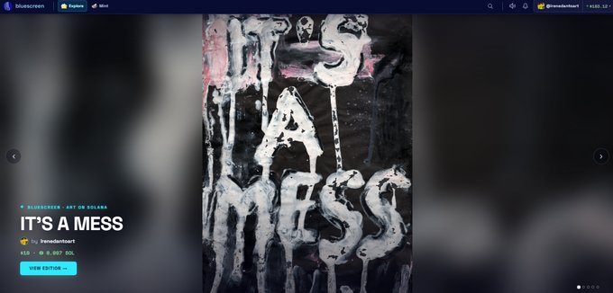A Bluescreen NFT marketplace listing showing a digital artwork titled 'IT'S A MESS' by artist 'brandedtinart', currently bid at 0 ELG with a 0.897 floor price.