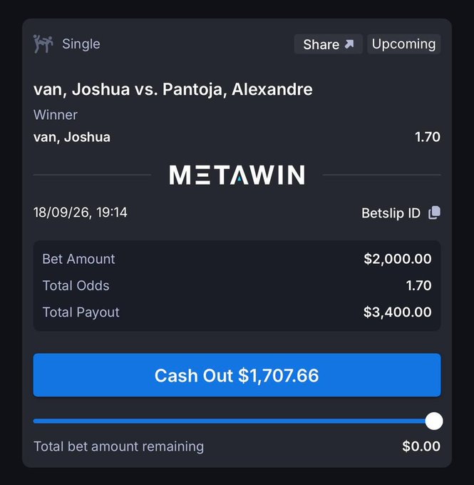 A MetaWin betting slip showing a $2,000 single bet on Joshua Van to beat Alexandre Pantoja at 1.70 odds, with a $3,400 potential payout and a $1,707.66 cash-out option. The image illustrates the poster's high-stakes wager, tying into their promotion for MetaWin's $1M giveaway for depositors and bettors on the site.
