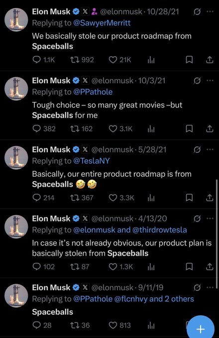 The same screenshot compilation of Elon Musk's tweets referencing the movie Spaceballs in relation to his product plans.