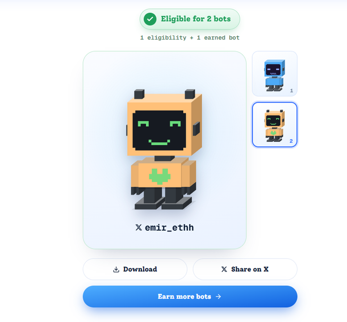 A screenshot of a digital collectible platform showing an 'Eligible for 2 bots' voxel-style robot NFT owned by 'emir_ethh', with options to download, share on X, or earn more bots.