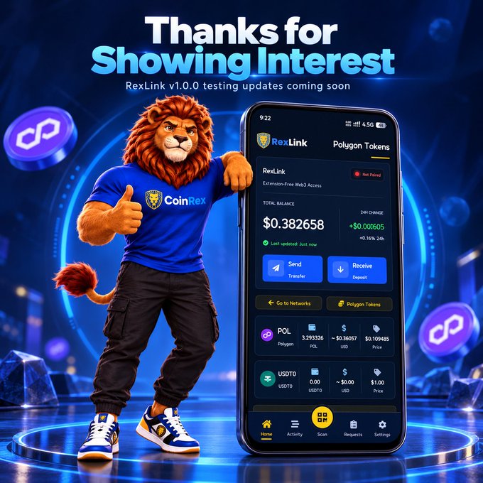 A promotional graphic showing a lion mascot in a blue 'CoinRex' t-shirt pointing at a phone displaying 'RexLink v1.0.0' Polygon Tokens app, with text 'Thanks for Showing Interest' and 'RexLink v1.0.0 testing updates coming soon.'