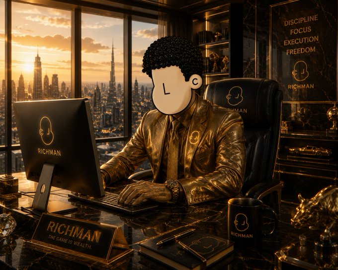 A luxurious golden-toned office scene featuring a figure in a gold jacket working at a computer displaying the 'RICHMAN' logo, with a nameplate reading 'RICHMAN - THE GAME IS WEALTH' and a sign listing 'DISCIPLINE, FOCUS, EXECUTION, FREEDOM' against a sunset cityscape backdrop.
