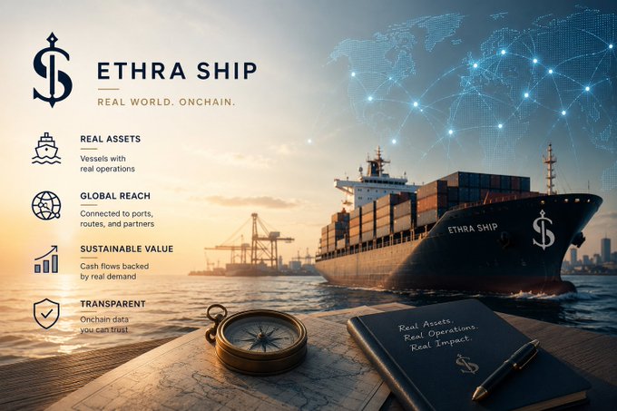 A promotional image for 'ETHRA SHIP' with the tagline 'REAL WORLD. ONCHAIN.', listing features like 'REAL ASSETS', 'GLOBAL REACH', 'SUSTAINABLE VALUE', and 'TRANSPARENT', accompanied by an image of a cargo ship.
