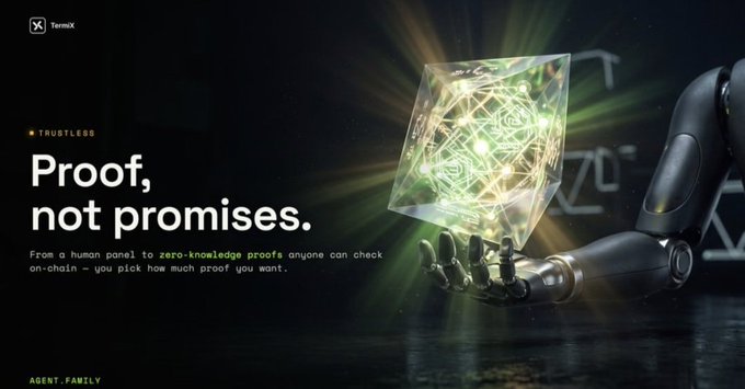 A promotional graphic for TermiX featuring the text 'Proof, not promises' and 'TRUSTLESS,' alongside a robotic hand holding a glowing geometric cube and the text 'AGENT.FAMILY.'