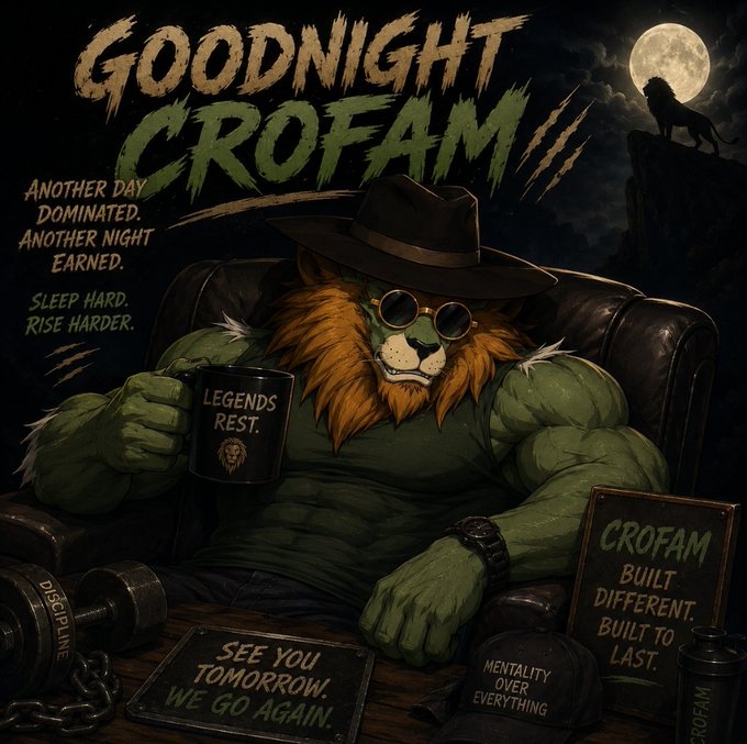 A motivational poster titled 'GOODNIGHT CROFAM' features a muscular anthropomorphic lion wearing a fedora and round sunglasses, holding a 'LEGENDS REST' mug, with text like 'ANOTHER DAY DOMINATED' and 'SEE YOU TOMORROW. WE GO AGAIN.'