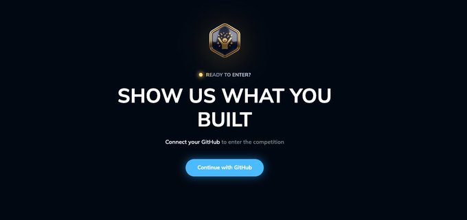 A dark landing page featuring a hexagonal gold "N" logo prompts users to "SHOW US WHAT YOU BUILT" with a blue "Continue with GitHub" button, matching the post's announcement of the live Mini Apps Competition submission portal on Nimiq Pay.