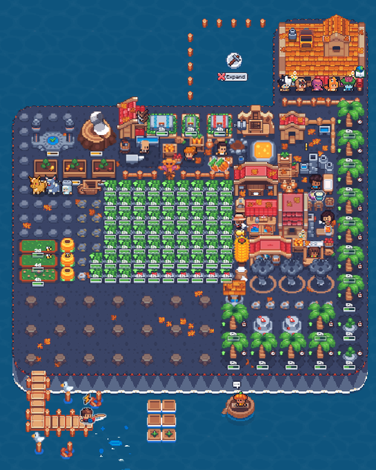 A pixel-art farming and village simulation game shows a large agricultural area with crops, windmills, buildings, and characters on an island surrounded by water.