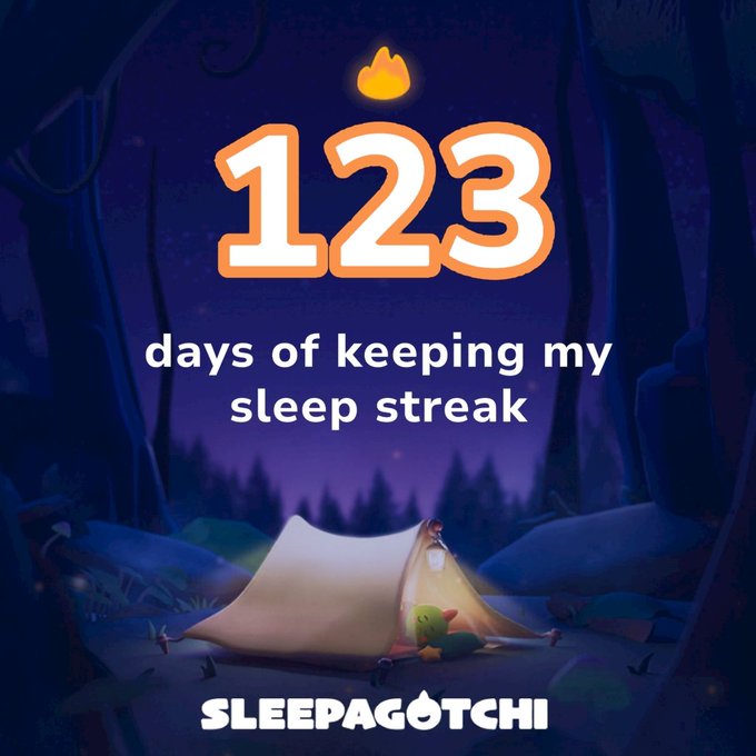 A dark fantasy illustration for 'SLEEPAGOTCHI' showing a tent in a moonlit forest with a small green character peeking out, displaying '123 days of keeping my sleep streak' with a fire emoji.