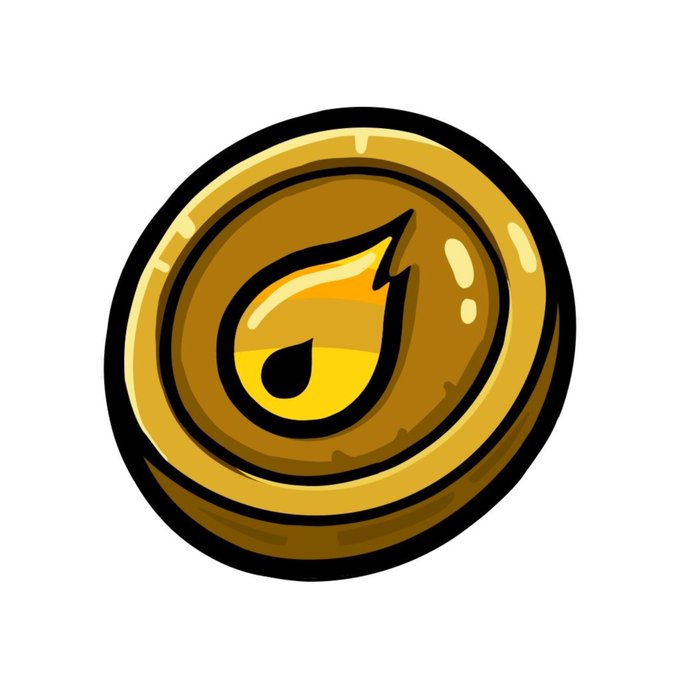 A cartoon-style golden coin token featuring a yellow flame or water droplet symbol in the center.