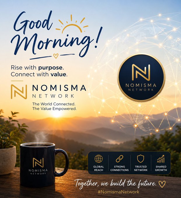 The image features a blue coffee mug with the word "Nomisma" written on it, placed on top of a wooden table. The background shows a beautiful sunset over mountains, creating a serene atmosphere. Below the mug, there is text that reads "Good Morning!" and "Rise with purpose. Connect with value. Nomisma Network". In the bottom right corner, there are icons representing different aspects of the Nomisma Network's services, such as "Global Strongly Trusted Network", "Reach out to us", and "Connect with us".