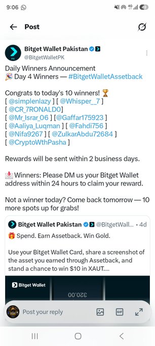 A screenshot of Bitget Wallet Pakistan's Twitter announcement revealing 10 Day 4 winners of the #BitgetWalletAssetback giveaway, congratulating usernames including @Nifa9267, while the quoted reply expresses gratitude for being selected as a winner and praises Bitget Wallet as the "best web 3 wallet ever."