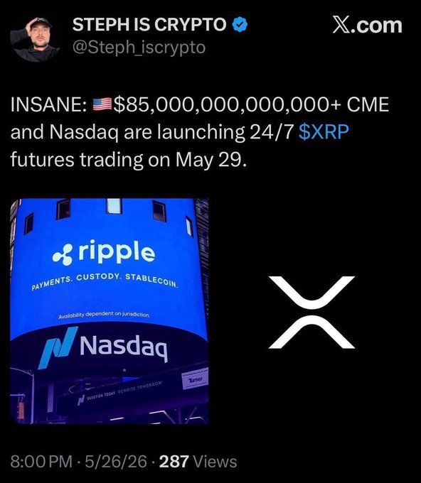 The image shows a Twitter post about Bitcoin and Ripple currencies, with a focus on Ripple being king of crypto. A blue logo representing Ripple is displayed at the center of the image. Below the logo, there are two mentions of Bitcoins worth $35 million each, along with other coins like CME and Nasdaq. The caption reads: "Insane! $35M + CME and Nasdaq are launching 24/7 Futures trading on May 29." Additionally, the post highlights that Bitcoin will be king in crypto according to some people as well.