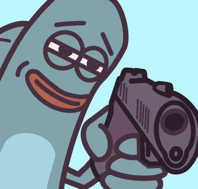 A simple cartoon drawing of a blue, smiling, oblong-headed character wearing sunglasses and pointing a gray handgun directly at the viewer.