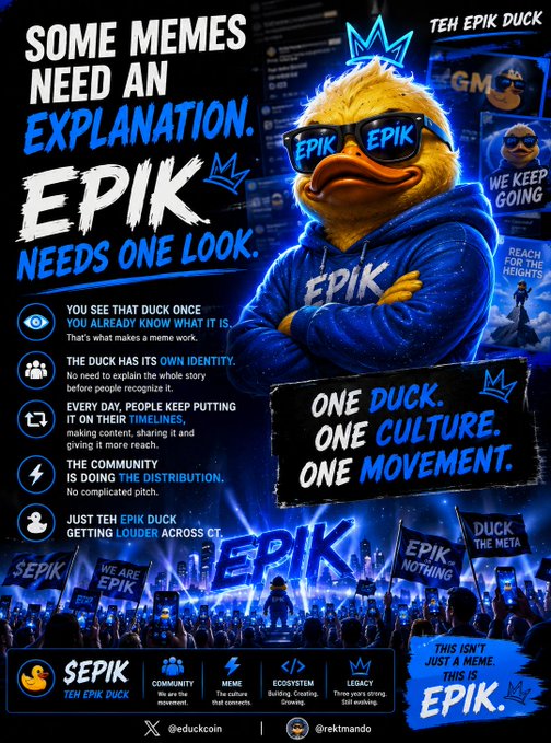 A meme coin advertisement for '$EPIK' / 'TEH EPIK DUCK' features an anthropomorphic duck wearing sunglasses and a blue hoodie, with slogans like 'SOME MEMES NEED AN EXPLANATION. EPIK NEEDS ONE LOOK.' and 'ONE DUCK. ONE CULTURE. ONE MOVEMENT.'