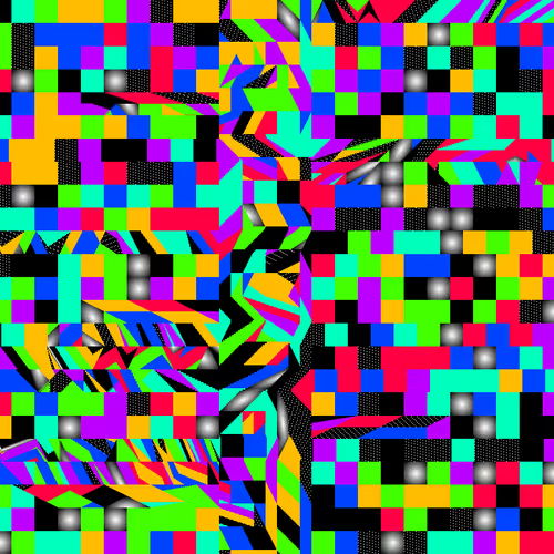 A chaotic abstract digital artwork composed of glitch-like rectangular blocks in bright neon colors (green, pink, blue, yellow) with black areas and metallic-looking spheres scattered throughout.
