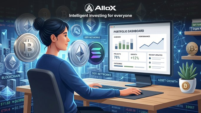 The image features a woman sitting at a desk, looking at a computer screen displaying information about cryptocurrency investments. The text "AlloX AI-powered capital allocation. Non-custodial. On-chain. Available to everyone. Your keys. Your portfolio. Your edge." is present in the image, which suggests that the woman is using an AlloX app for her crypto investments.