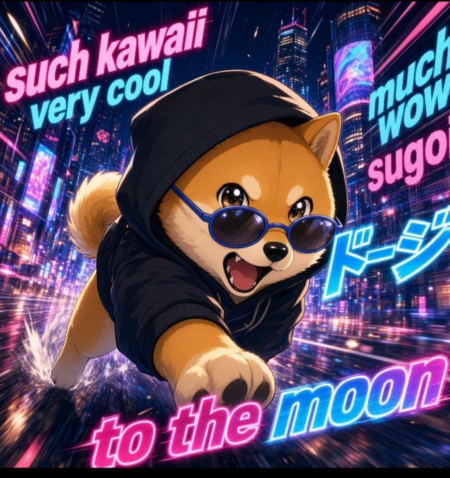 A Shiba Inu dog wearing sunglasses and a hoodie runs through a neon-lit cityscape, surrounded by meme text like "such kawaii," "very cool," "much wow," "sugoI," Japanese characters, and "to the moon," capturing the energetic, playful spirit of the DOGE community celebrating being part of an exclusive crypto niche.