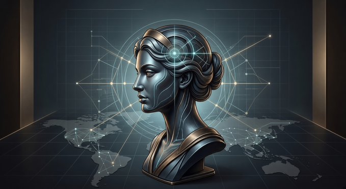 A digital illustration of a metallic, futuristic female bust statue with glowing blue circuit patterns and a network of connected nodes against a world map background.