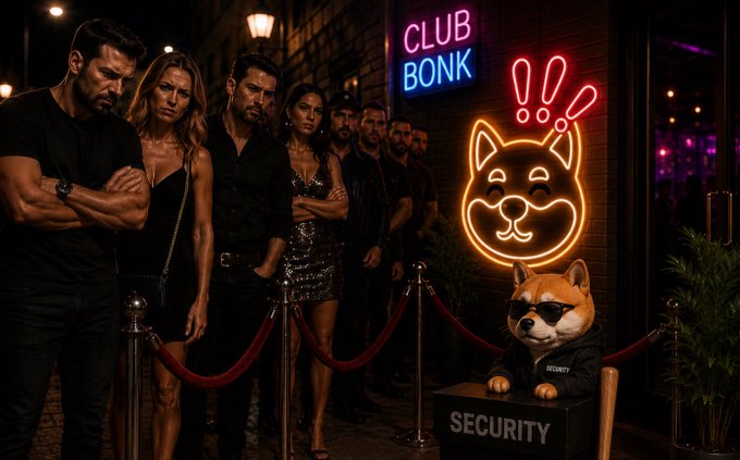 A line of stylish patrons waits behind a red velvet rope at a neon-lit nightclub, where a Shiba Inu dog wearing sunglasses and a "SECURITY" jacket mans a podium beneath a glowing sign reading "CLUB BONK" and a smiling dog emblem—fittingly embodying the post's "BONKERS only" wordplay on the BONK crypto meme coin.