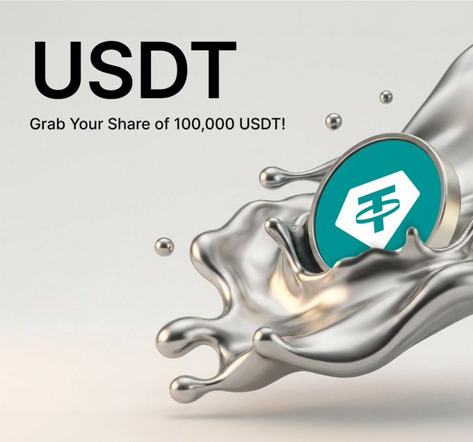 Promotional graphic for USDT (Tether cryptocurrency) featuring the teal Tether logo in liquid metal splashes, with text "USDT Grab Your Share of 100,000 USDT!"