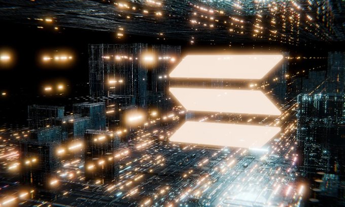 A futuristic, abstract digital artwork featuring a glowing Solana logo (three stacked parallelograms) hovering over a dark, cyberpunk-style cityscape with illuminated skyscrapers.