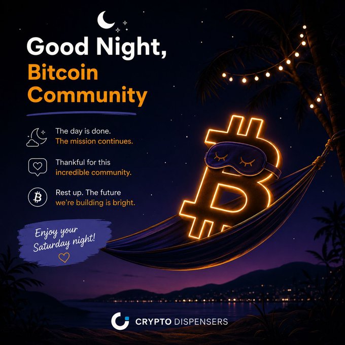 The image features a large neon Bitcoin symbol hanging from a hammock with a person wearing a sleep mask above it. The background of the image shows a night sky filled with stars and mountains. Below the Bitcoin symbol, there are three lines of text that read "Good Night, Bitcoin community", "The day is done. The mission continues. Thankful for this incredible community. Incredible community. Rest up. The future will be bright."