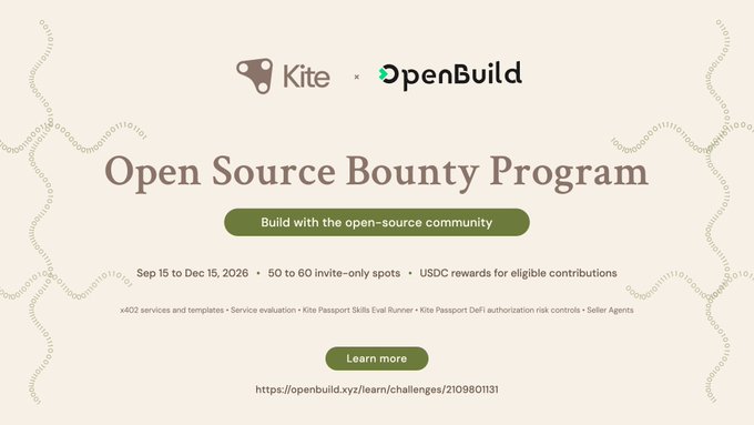 The image is a promotional banner for the Kite Open Source Bounty Program, running September 15 to December 15, 2026, offering 50 to 60 invite-only spots with USDC rewards for eligible contributions focused on x402 services, Agent Skills, and authorization controls. It supports the accompanying post by showcasing a partnership between Kite and OpenBuild to help builders create verifiable, reusable code for agent ecosystems.