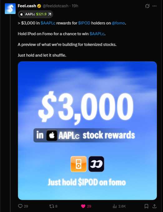 A tweet from @feeldotcash announces $3,000 in $AAPLc rewards for $IPOD holders on Fomo, featuring a promotional graphic highlighting "$3,000 in AAPLc stock rewards" and encouraging users to "Just hold $IPOD on fomo." This relates to the accompanying post by promoting early participation in Feel.cash's creator rewards program on @base.