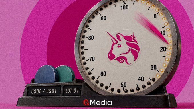 A stylized image of a gauge or meter featuring a unicorn logo, labeled 'USDC/USDT' and 'LOT 01', branded with 'a:Media' on a pink background.