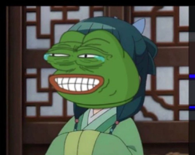 A screenshot of an animated Pepe the Frog character depicted in traditional East Asian attire with a blue hair bow, smiling with a wide toothy grin and tears of joy, set against a decorative wooden screen background.