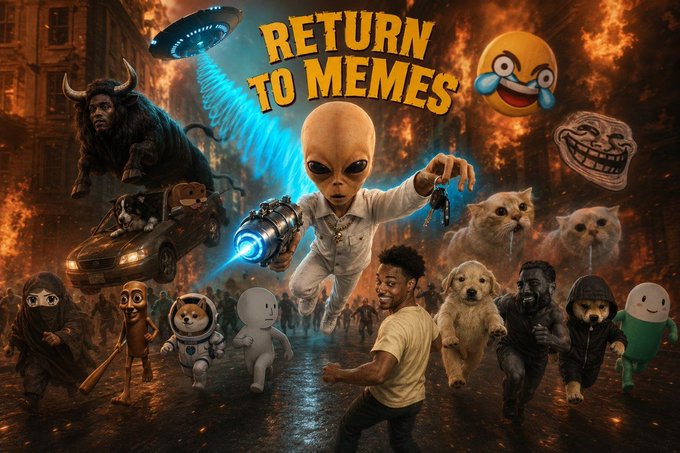 A chaotic, fiery apocalyptic scene features "RETURN TO MEMES" in bold yellow text at the top, surrounded by an array of iconic internet meme figures including a bull, crying-laughing emoji, trollface, alien with a laser gun, crying cats, a golden retriever, and various cursed characters. The meme collage visually echoes the post's playful "$MAYO" hype with a "RETURN TO MEMES" comeback vibe, featuring bizarre and humorous internet culture figures in a dramatic, burning landscape.