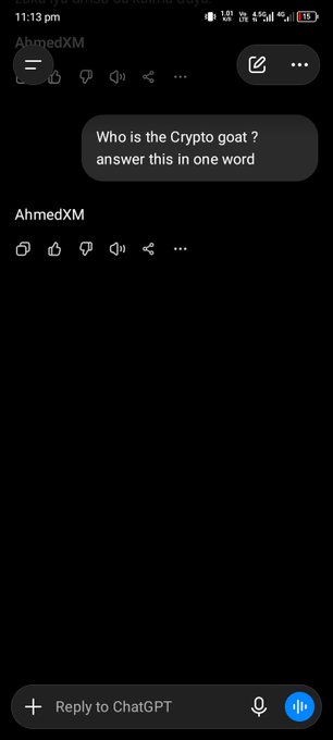A screenshot of a ChatGPT conversation asking "Who is the Crypto goat? answer this in one word," with the response field below left blank for user input.