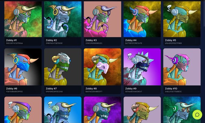 A grid displaying 14 variations of a digital art character called 'Zobby,' numbered #1 through #10 and beyond, each with different color schemes and designs.