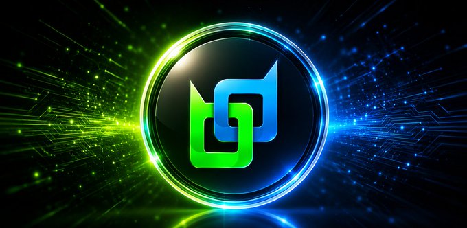 A glowing digital logo featuring a stylized blue and green symbol enclosed in a circular neon ring, set against a dark background with radiating green and blue light streaks.