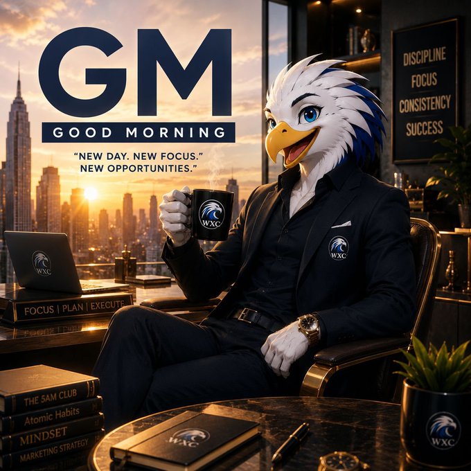 A 'GM - Good Morning' motivational image featuring an anthropomorphic eagle mascot in a black suit holding a 'WXC' branded mug, with text 'New day. New focus. New opportunities.' and a wall listing 'Discipline, Focus, Consistency, Success' alongside books titled 'The 5AM Club', 'Atomic Habits', and 'MINDSET'.