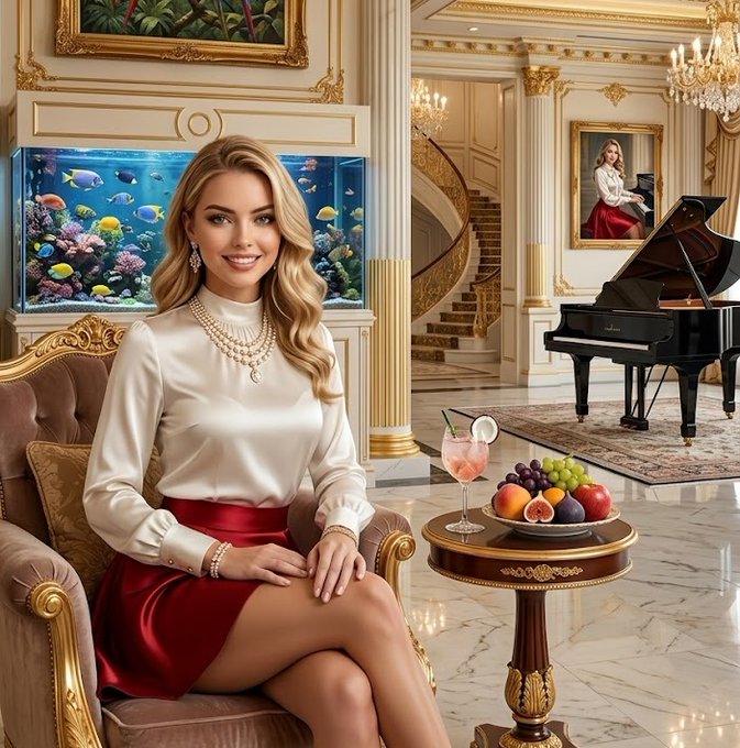 The image features a woman sitting in an ornate chair, wearing a white blouse and red skirt. She has her legs crossed and is smiling at the camera. In front of her are two wine glasses filled with fruit juice, including grapes, apples, and oranges. The background shows a grand room with a piano, a chandelier, and a fish tank. The image also includes text that reads "Focus on what is in the image and how it relates to the post @wallchain leading innovation".