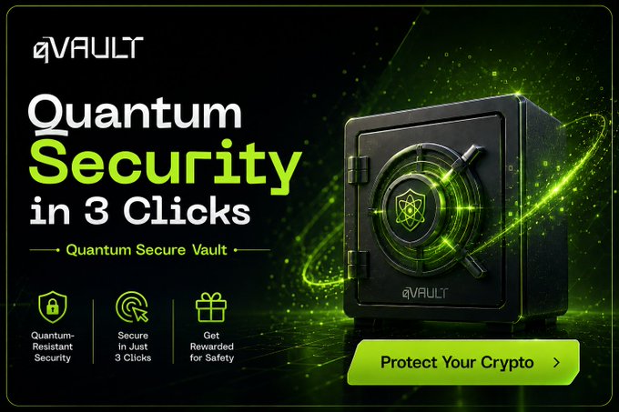 The image shows a black Vault 3 clicks security vault with green particles surrounding it. The background of the image has a gradient, transitioning from a dark gray to a lighter gray color. In the center of this gradient, there is text that promotes Quantum Security in three clicks and provides details about qVault's Quantum Secure vaults at $QONE.