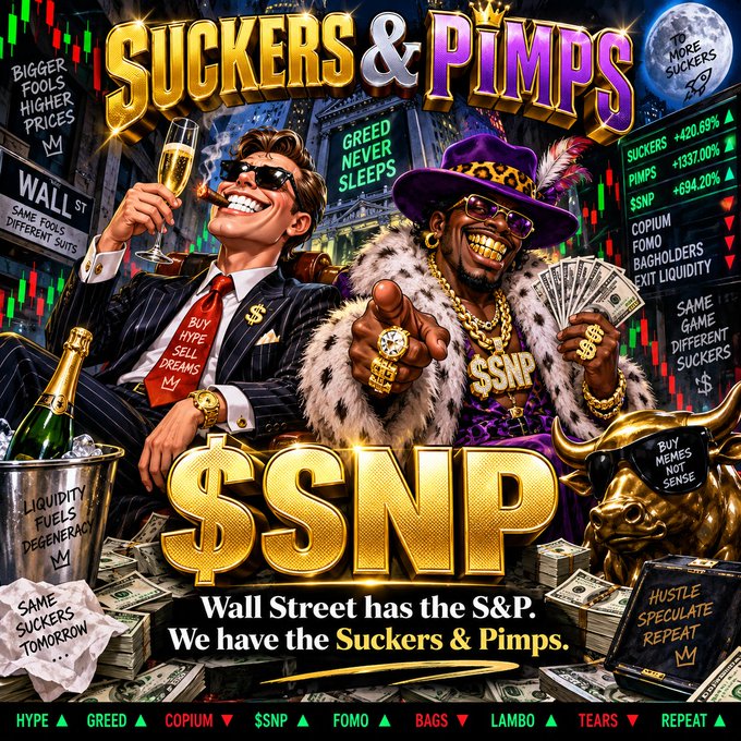 A colorful, cartoonish meme graphic titled 'SUCKERS & Pimps' featuring two characters in flashy attire celebrating speculative gains, with the text 'Wall Street has the S&P. We have the Suckers & Pimps.'
