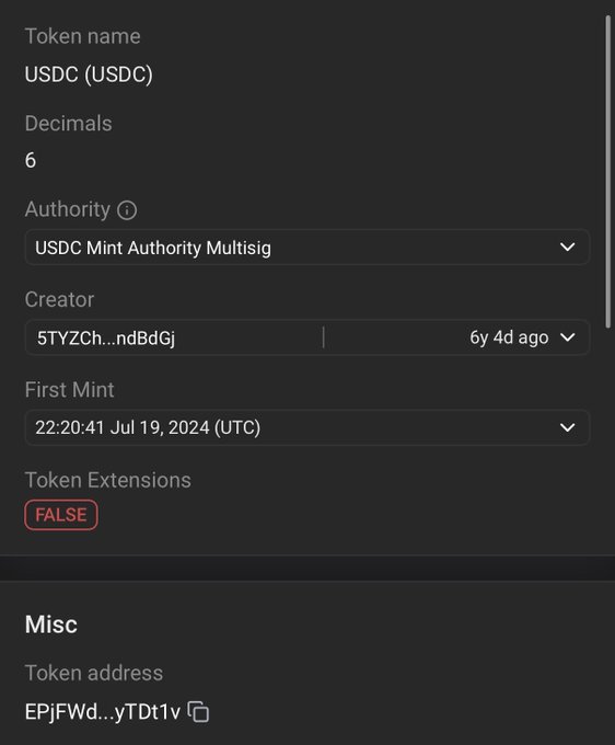 A dark-themed cryptocurrency interface showing token details for USDC (USDC) with 6 decimals, USDC Mint Authority Multisig authority, creator address 5TYZCh..., first mint on July 19, 2024, and token extensions set to FALSE.