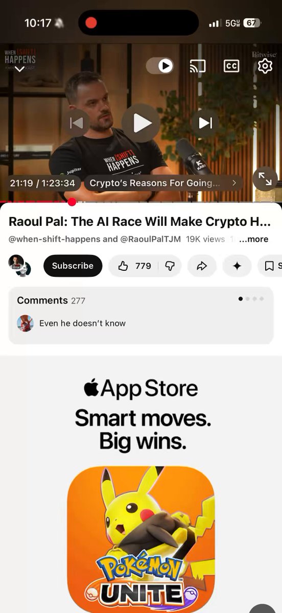The image shows a phone screen displaying an app store page for the Pokemon Unity game on its home screen. There is an advertisement related to Bitcoin, with a man being interviewed and the text suggesting that Bitcoin is now considered mainstream. Additionally, there are three links provided which appear to be social media posts or other apps promoting Bitcoins' usage.