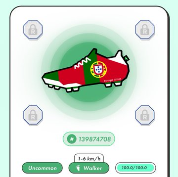 The image features a pair of shoes with the Portuguese flag design, which are displayed against a green background. The shoes have a white sole and red accents that represent the colors of the Portuguese flag. The shoes appear to be made for walking or running purposes. In addition to the shoes, there is also text in the image that reads "Stepn Walker" and "Uncommon".