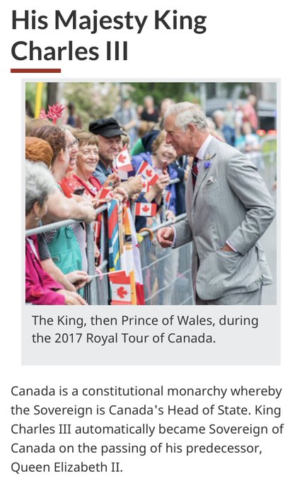 A webpage section titled 'His Majesty King Charles III' features a photo of him greeting a crowd waving Canadian flags during the 2017 Royal Tour of Canada, with text explaining Canada as a constitutional monarchy.